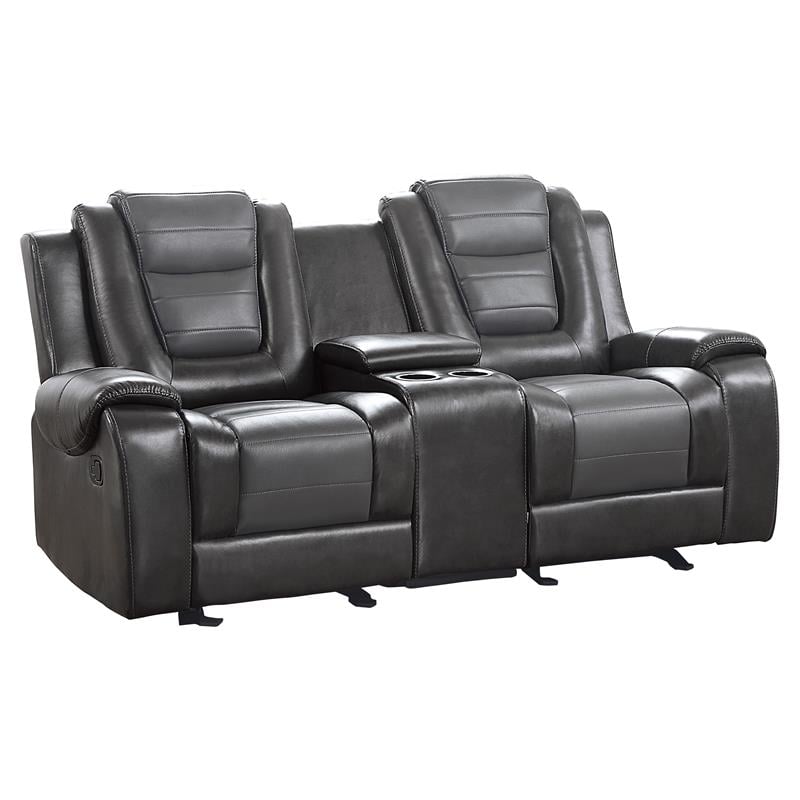Pemberly Row Transitional Faux Leather Double Glider Reclining Loveseat in Gray