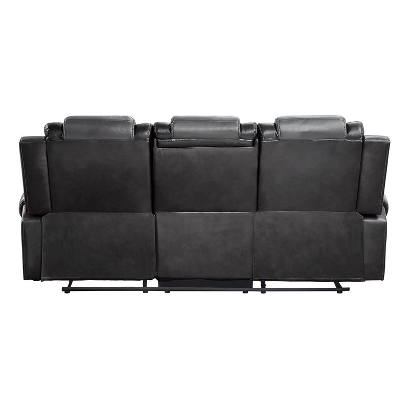 Pemberly Row Faux Leather Double Reclining Sofa with Cup Holder in Gray