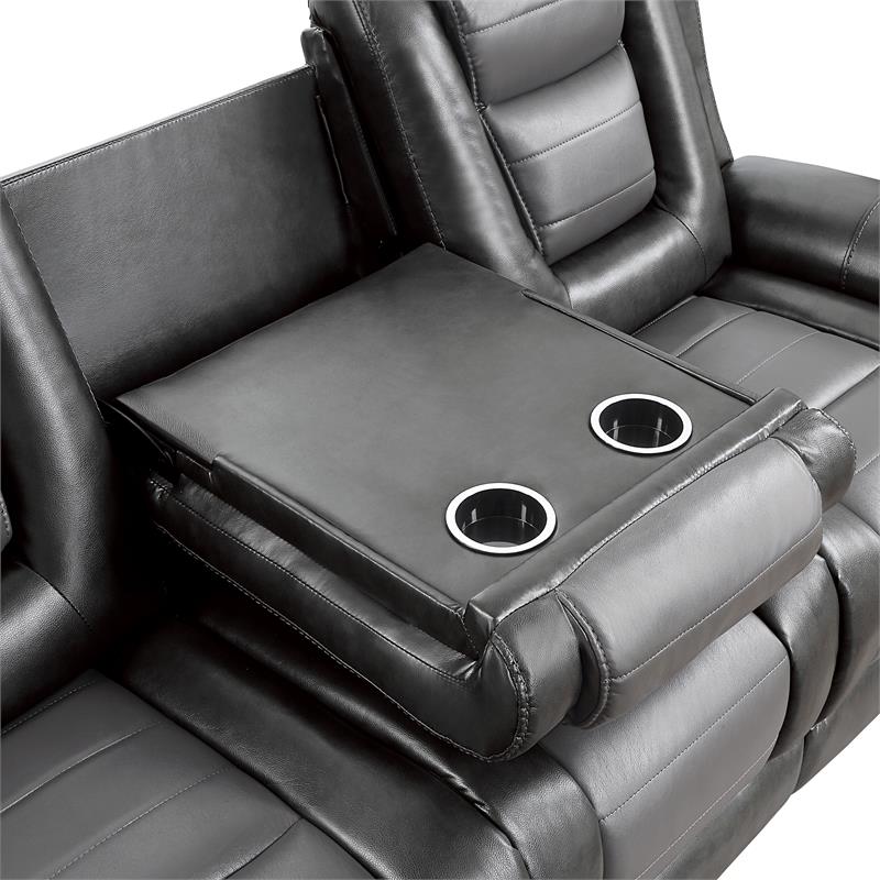 Pemberly Row Faux Leather Double Reclining Sofa with Cup Holder in Gray