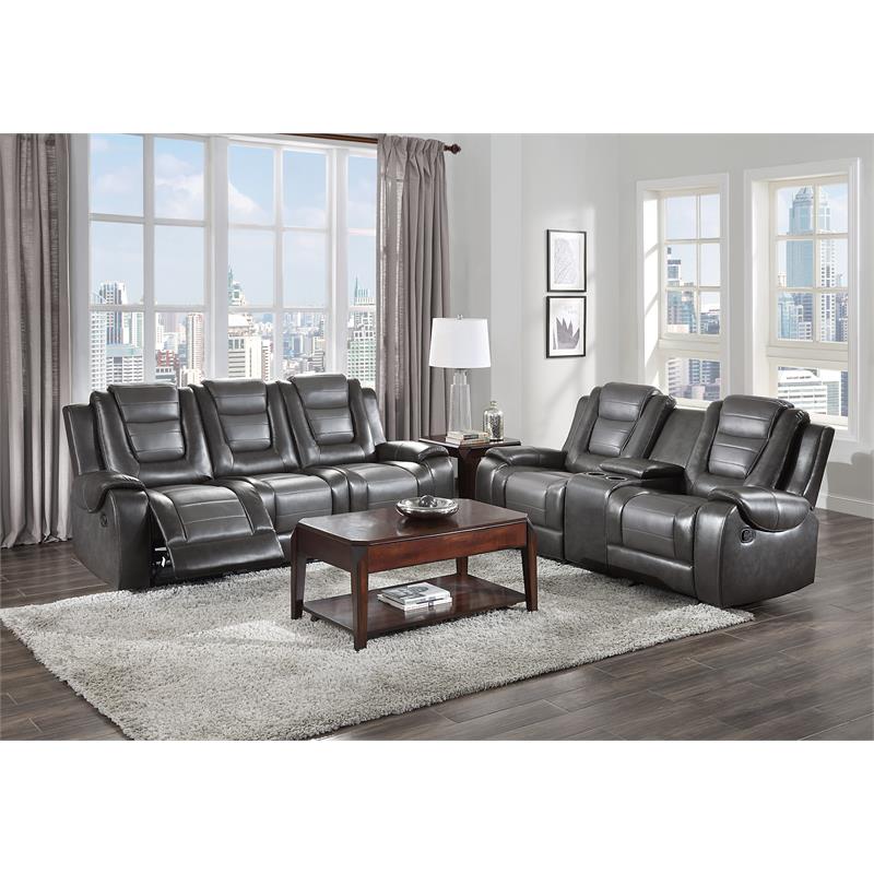 Pemberly Row Faux Leather Double Reclining Sofa with Cup Holder in Gray