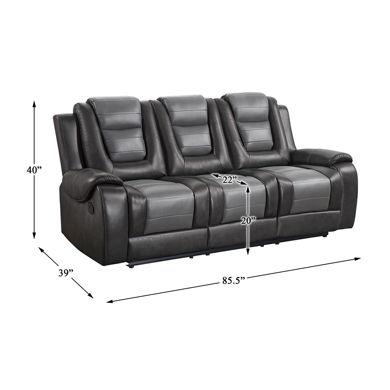 Pemberly Row Faux Leather Double Reclining Sofa with Cup Holder in Gray