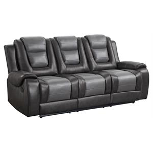 Pemberly Row Faux Leather Double Reclining Sofa with Cup Holder in Gray