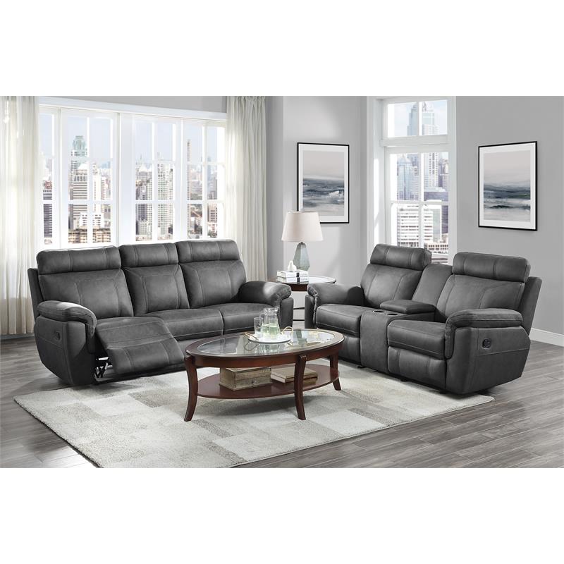 Pemberly Row Modern Microfiber Double Reclining Sofa with Cup Holders in Gray