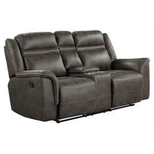 pemberly row microfiber double reclining love seat with center console in brown