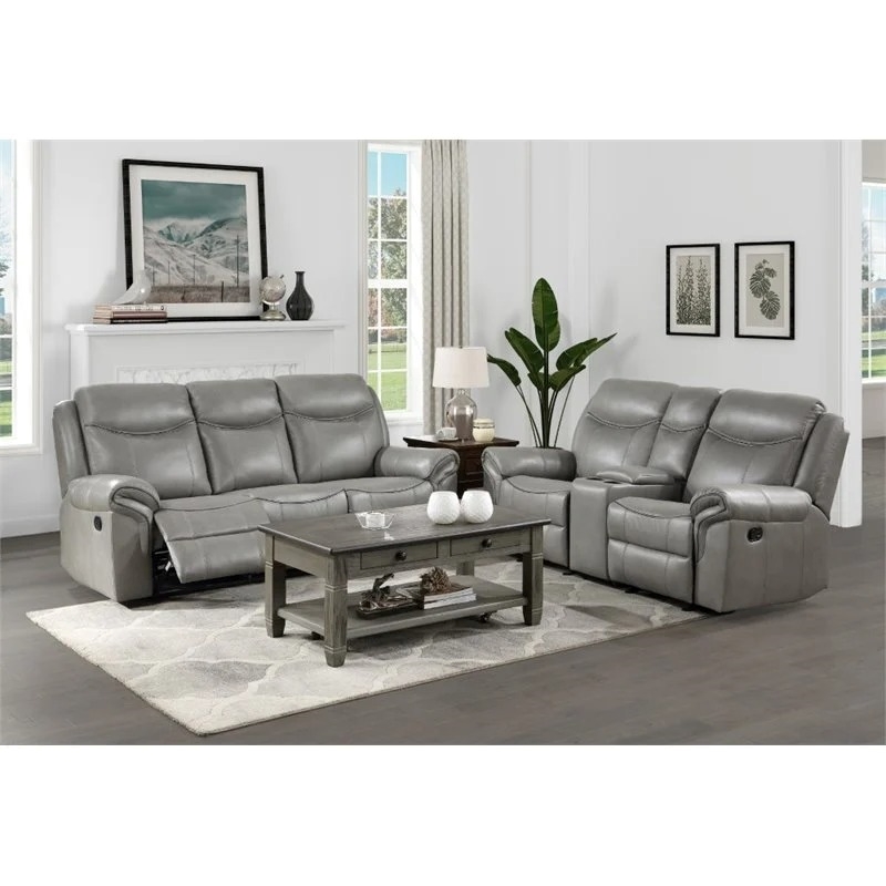 Pemberly Row Traditional Faux Leather Double Glider Reclining Loveseat in Gray
