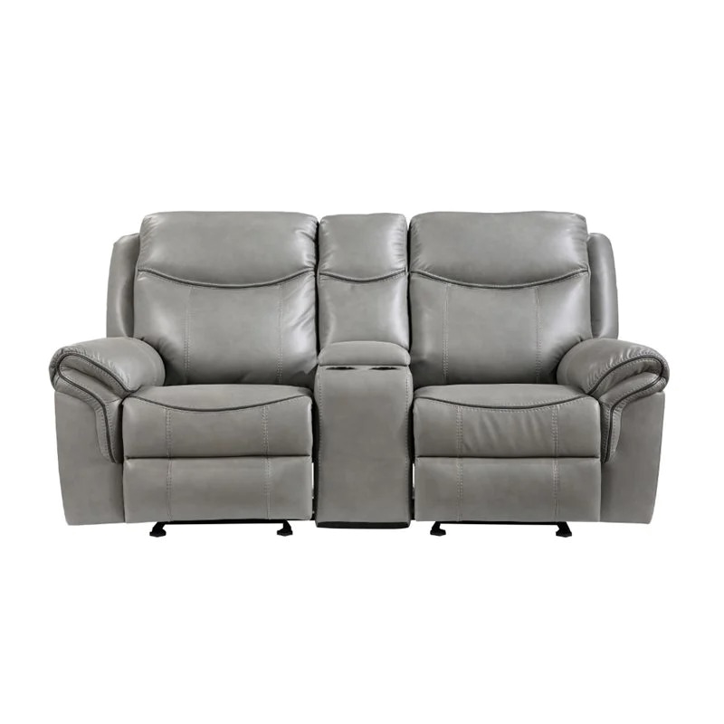 Pemberly Row Traditional Faux Leather Double Glider Reclining Loveseat in Gray
