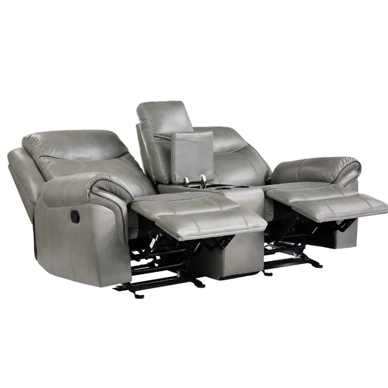Pemberly Row Traditional Faux Leather Double Glider Reclining Loveseat in Gray