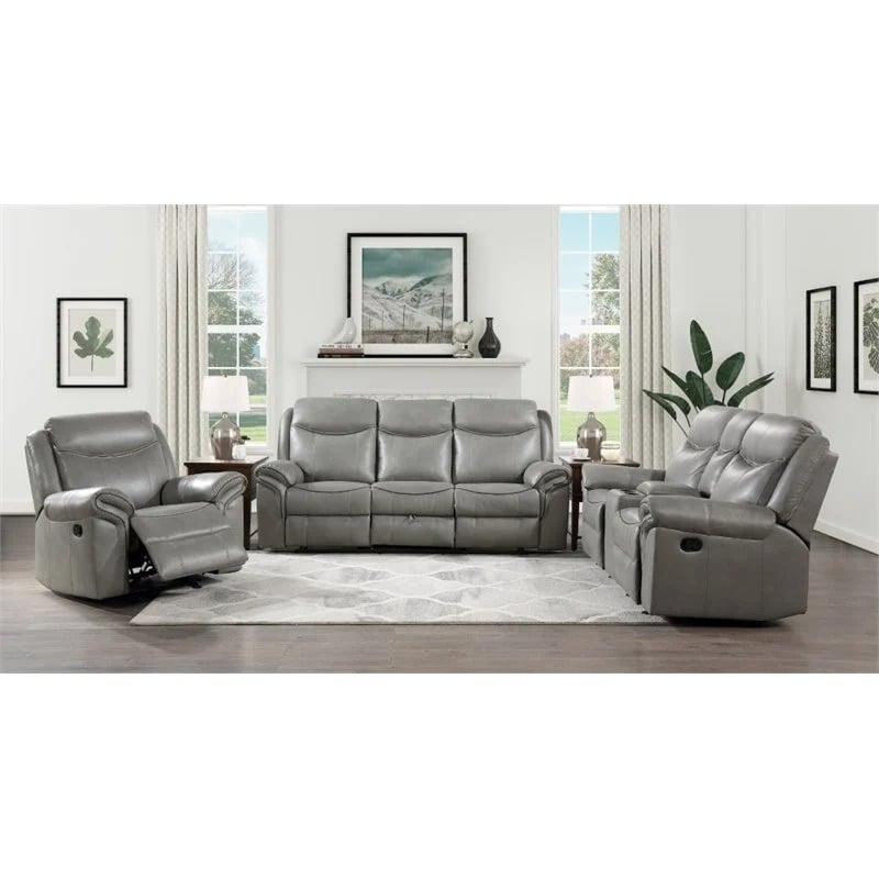 Pemberly Row Traditional Faux Leather Double Glider Reclining Loveseat in Gray