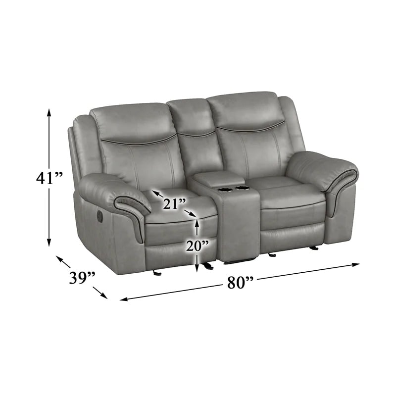 Pemberly Row Traditional Faux Leather Double Glider Reclining Loveseat in Gray