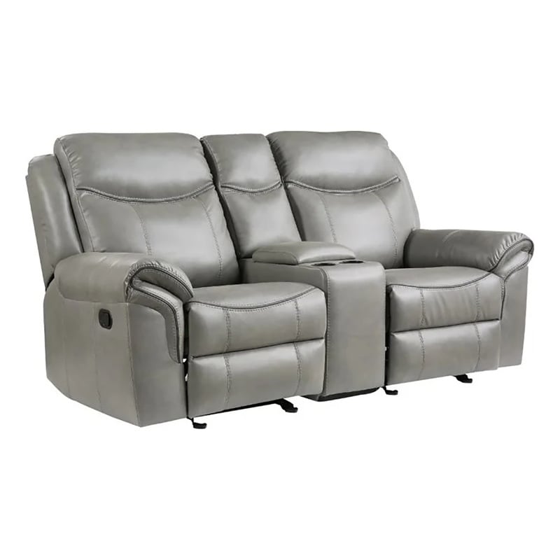 Pemberly Row Traditional Faux Leather Double Glider Reclining Loveseat in Gray
