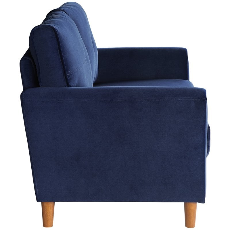 Pemberly Row Tufted Velvet Upholstered Loveseat in Blue and Walnut