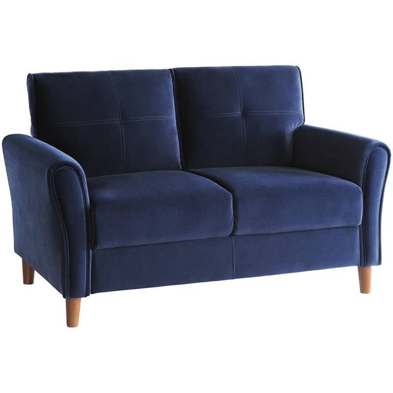 Pemberly Row Tufted Velvet Upholstered Loveseat in Blue and Walnut