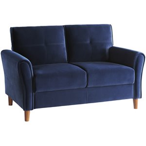 Pemberly Row Tufted Velvet Upholstered Loveseat in Blue and Walnut