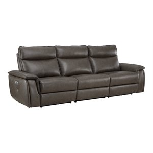 Pemberly Row 110&quot Leather Double Reclining Sofa with Headrests in Brown