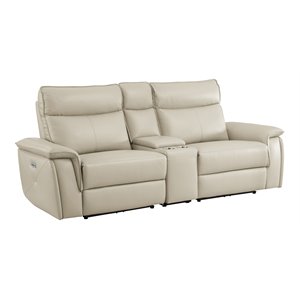 Pemberly Row 93.5&quot Contemporary Leather Double Reclining Loveseat in Beige