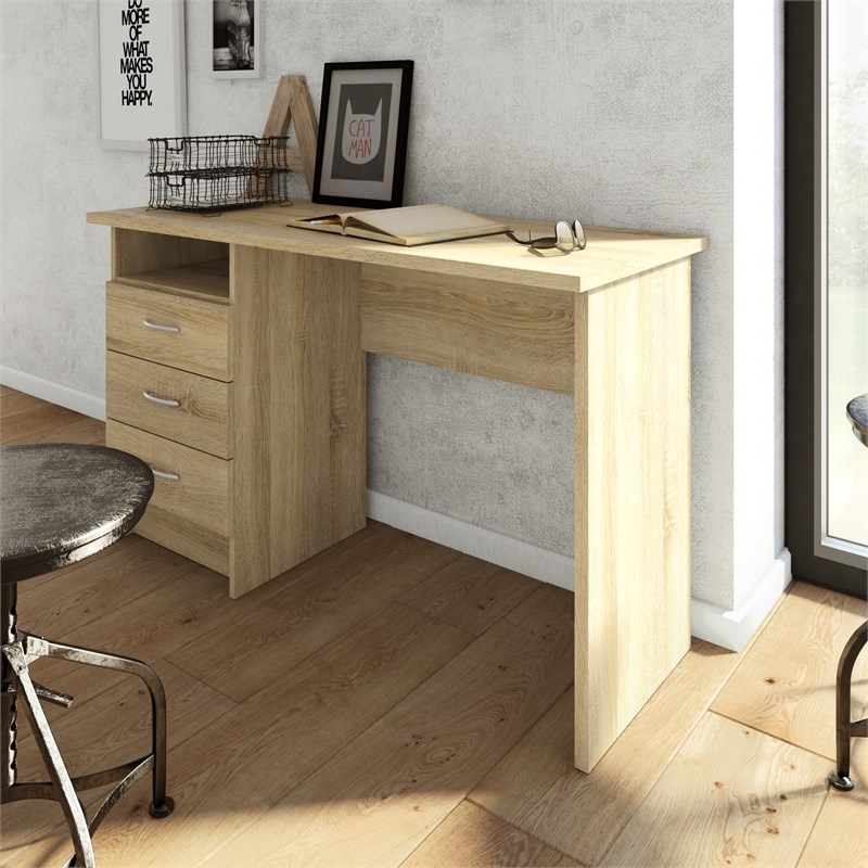 Pemberly Row Contemporary Desk with 3 Drawers in Oak Structure