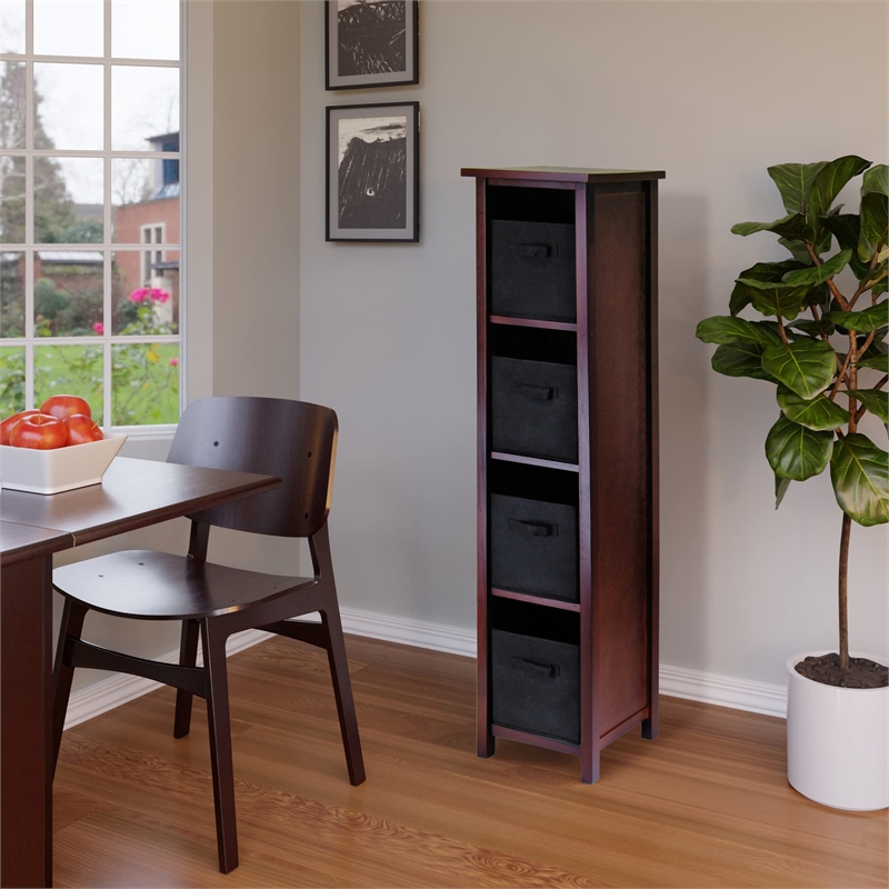 Pemberly Row 5-Tier Tall Solid Wood Storage Shelf with Baskets in Walnut