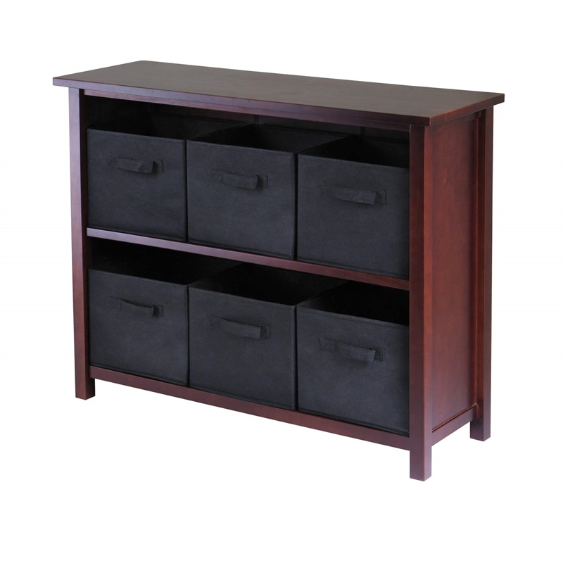 Pemberly Row 3-Tier Long Solid Wood Storage Shelf with Baskets in Warm Walnut