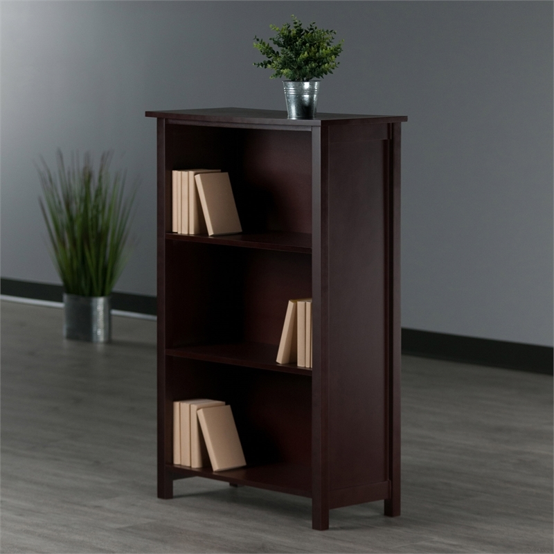 Pemberly Row 3-Tier Transitional Solid Wood Medium Storage Book Shelf in Walnut