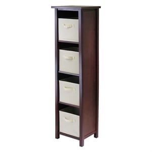 Pemberly Row 5-Tier Tall Solid Wood Storage Shelf with Baskets in Walnut/Beige