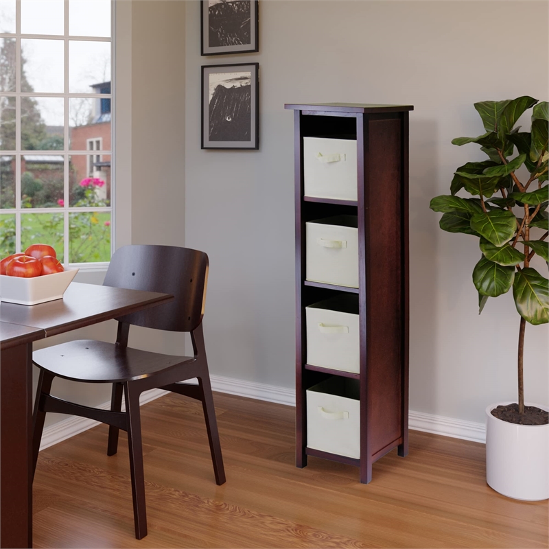 Pemberly Row 5-Tier Tall Solid Wood Storage Shelf with Baskets in Walnut/Beige
