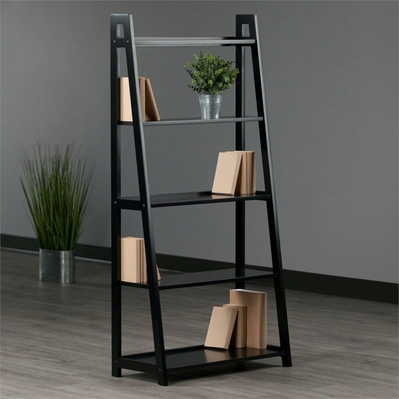 Pemberly Row 5-Tier A-Frame Transitional Solid Wood Book Shelf in Black
