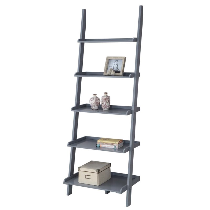 Pemberly Row Five Shelf Ladder Bookcase in Gray Solid Wood Finish