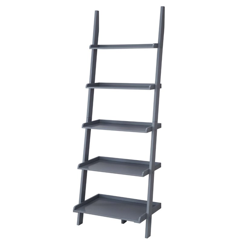 Pemberly Row Five Shelf Ladder Bookcase in Gray Solid Wood Finish