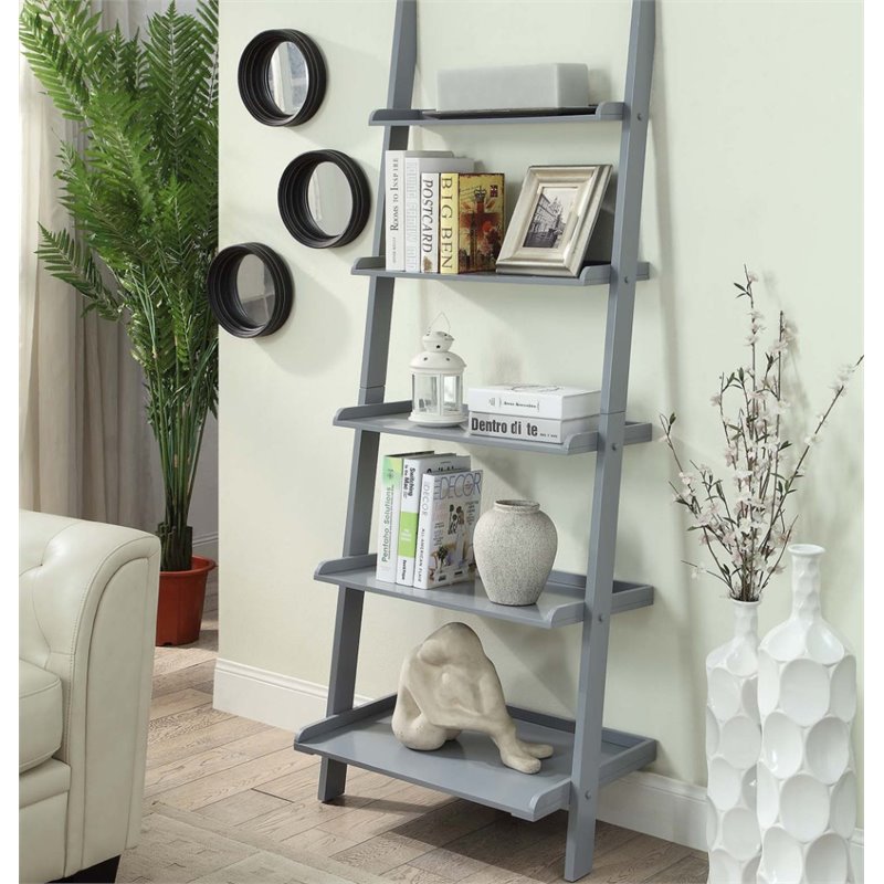 Pemberly Row Five Shelf Ladder Bookcase in Gray Solid Wood Finish