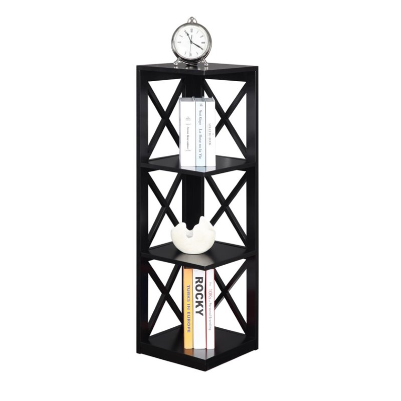 Pemberly Row 3 Shelf Corner Bookcase in Black Wood Finish