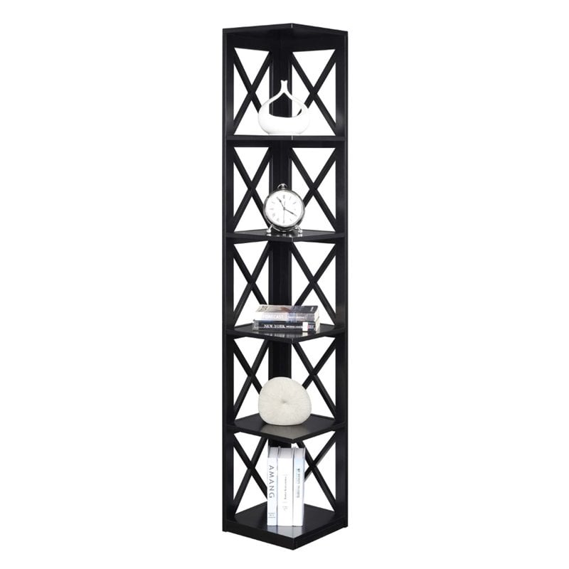 Pemberly Row 5 Shelf Transitional Wood Corner Bookcase in Black