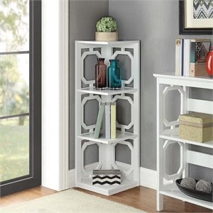 Pemberly Row Three-Shelf Corner Bookcase in White Wood Finish