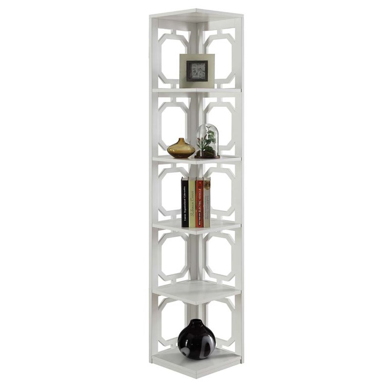 Pemberly Row Five-Shelf Modern Wood Corner Bookcase in White