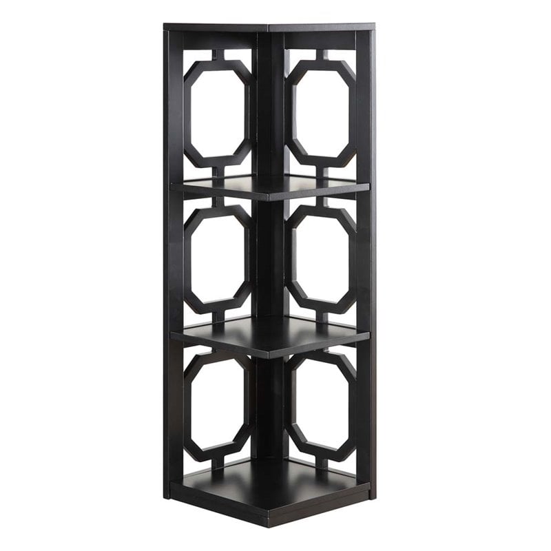 Pemberly Row Three-Shelf Corner Bookcase in Black Wood Finish