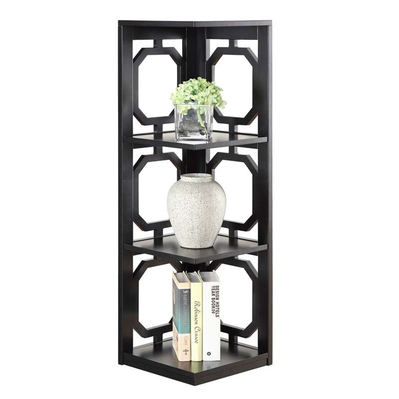 Pemberly Row Three-Shelf Corner Bookcase in Black Wood Finish