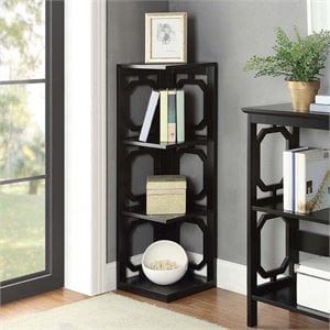 Pemberly Row Three-Shelf Corner Bookcase in Black Wood Finish