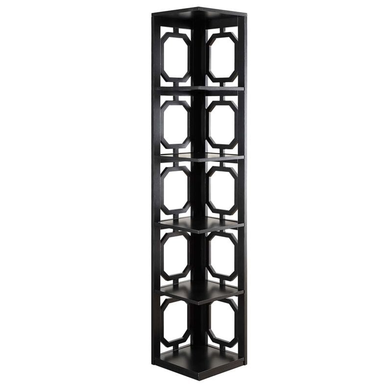 Pemberly Row Five-Shelf Modern Wood Corner Bookshelf Bookcase in Black