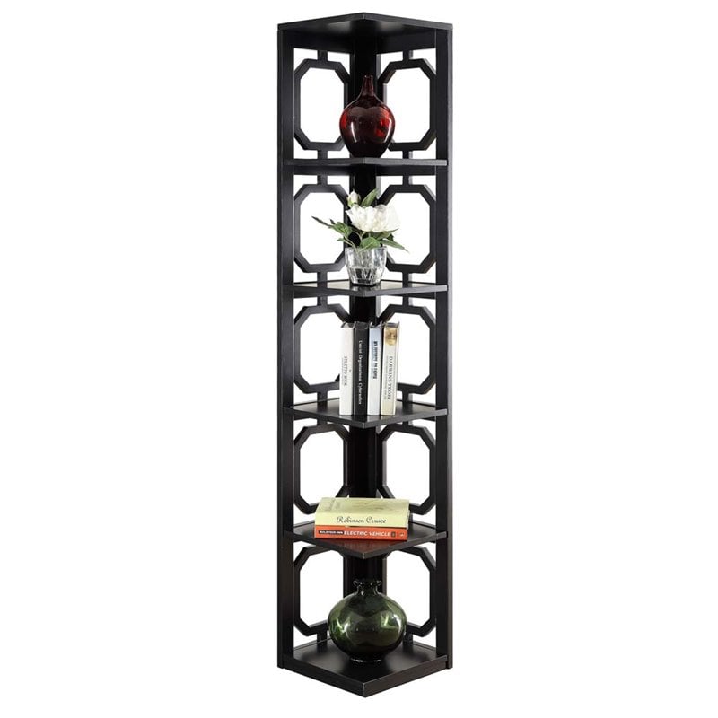 Pemberly Row Five-Shelf Modern Wood Corner Bookshelf Bookcase in Black