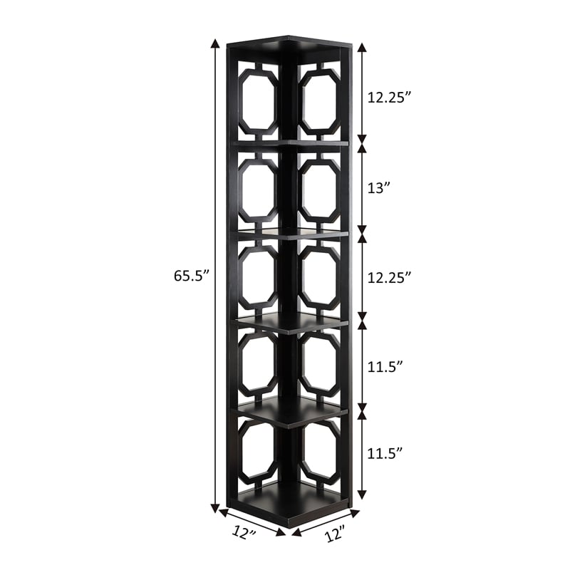 Pemberly Row Five-Shelf Modern Wood Corner Bookshelf Bookcase in Black