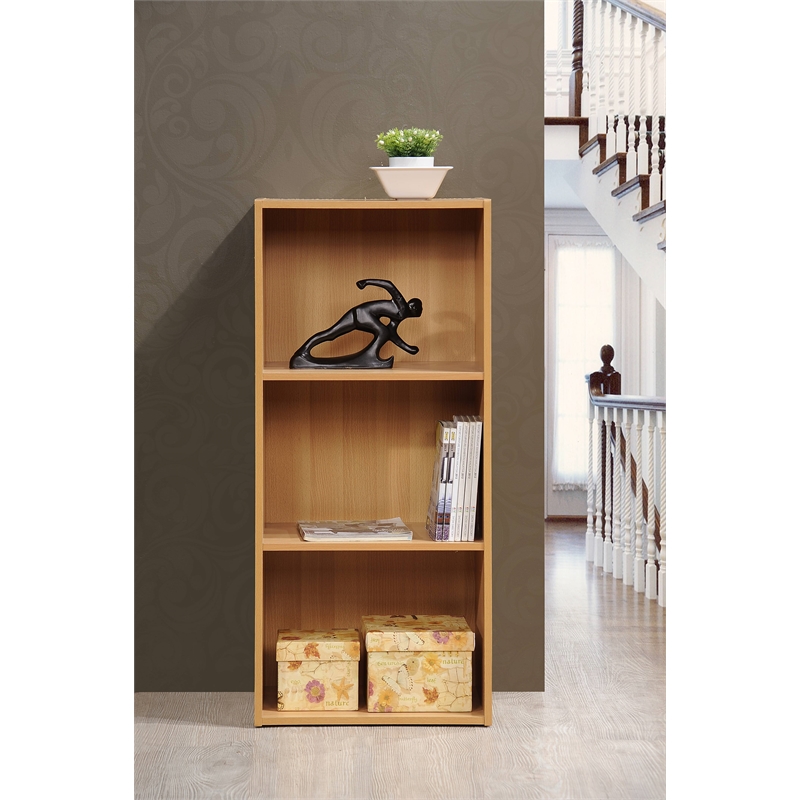 Pemberly Row Three Shelf Wooden Bookcase in Beige Finish