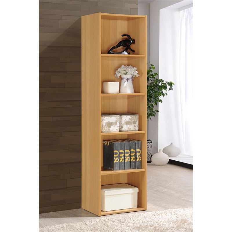 Pemberly Row Five Shelf Multi-Purpose Wooden Bookcase in Beige Finish