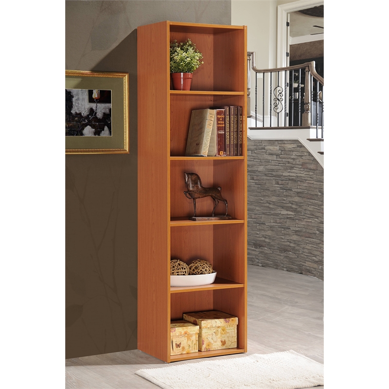 Pemberly Row Five Shelf Multi-Purpose Wooden Bookcase in Cherry Finish
