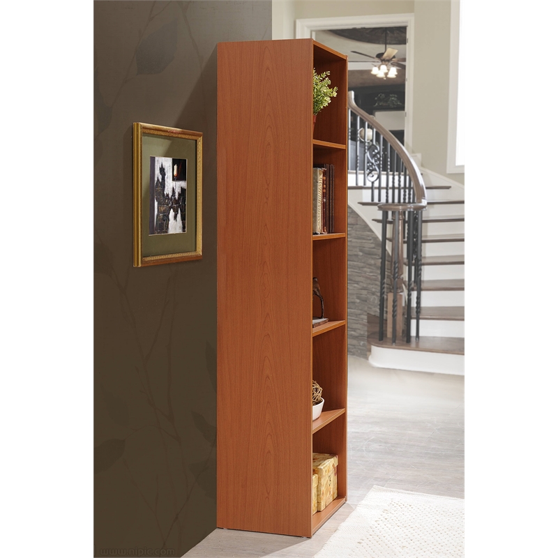 Pemberly Row Five Shelf Multi-Purpose Wooden Bookcase in Cherry Finish