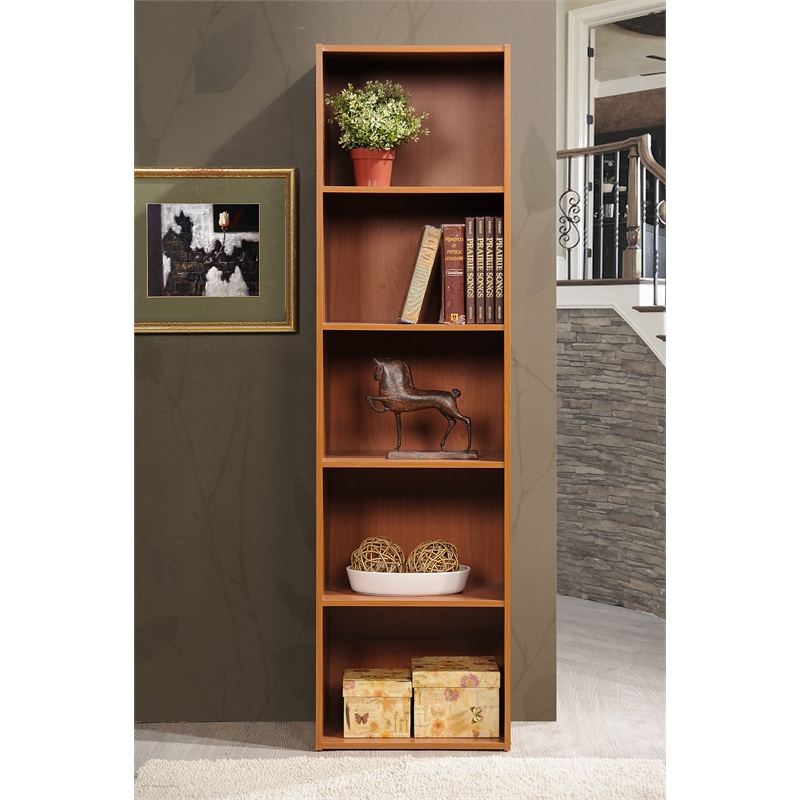 Pemberly Row Five Shelf Multi-Purpose Wooden Bookcase in Cherry Finish