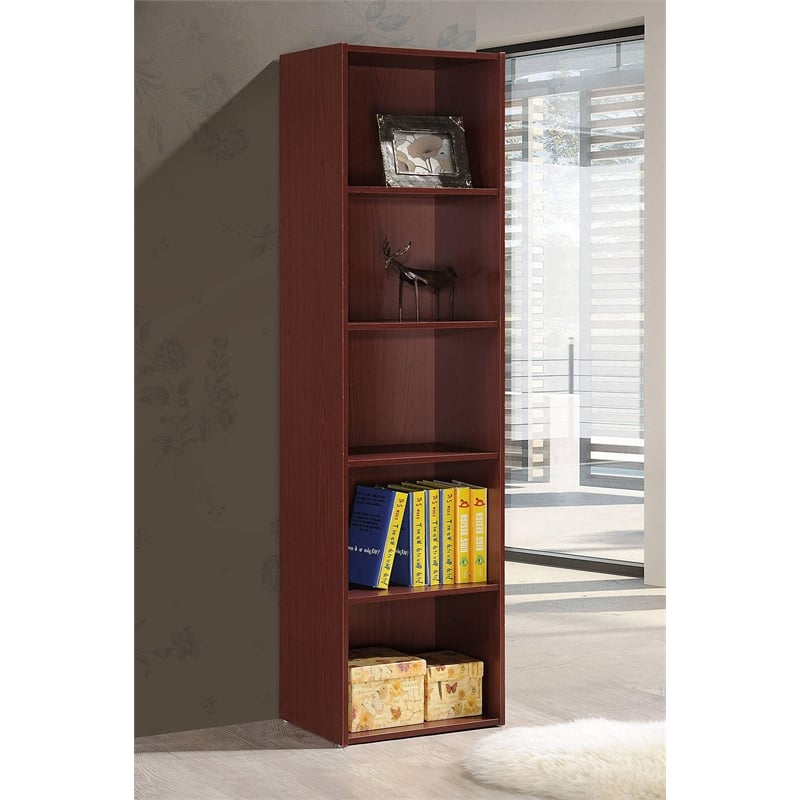Pemberly Row Five Shelf Multi-Purpose Wooden Bookcase in Mahogany Finish