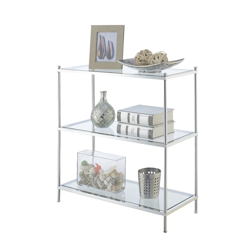Pemberly Row Three-Tier Bookcase in Clear Glass and Chrome