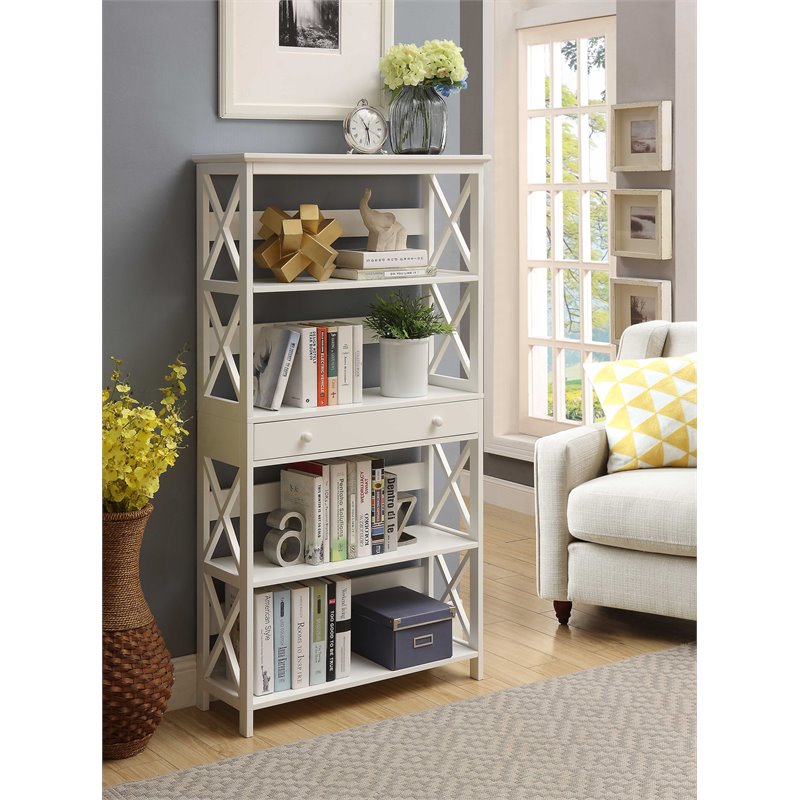 Pemberly Row Five-Tier Bookcase with Drawer in White Wood Finish