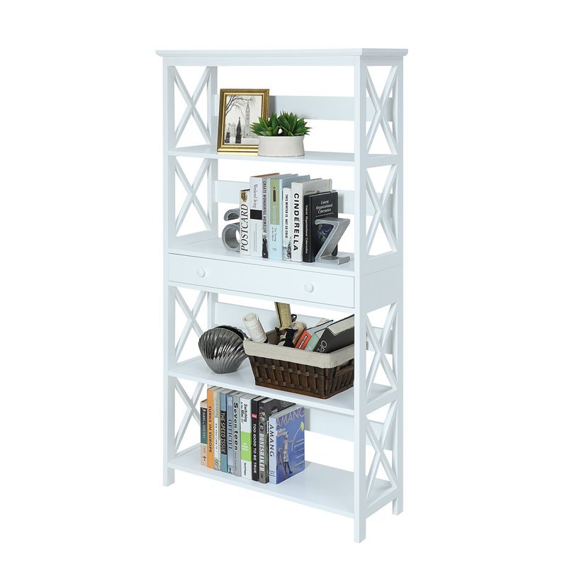 Pemberly Row Five-Tier Bookcase with Drawer in White Wood Finish