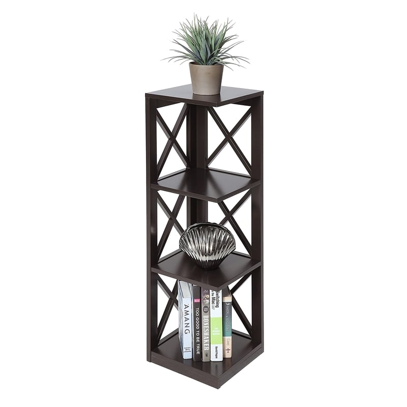 Pemberly Row Three-Tier Corner Bookcase in Espresso Wood Finish