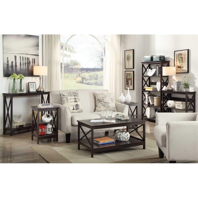 Pemberly Row Three-Tier Corner Bookcase in Espresso Wood Finish